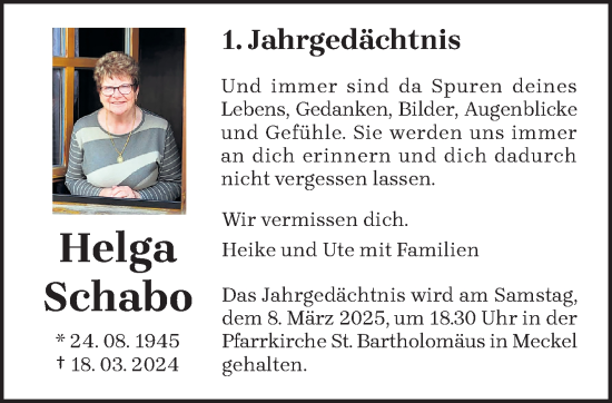 Traueranzeige von Helga Schabo von trierischer_volksfreund