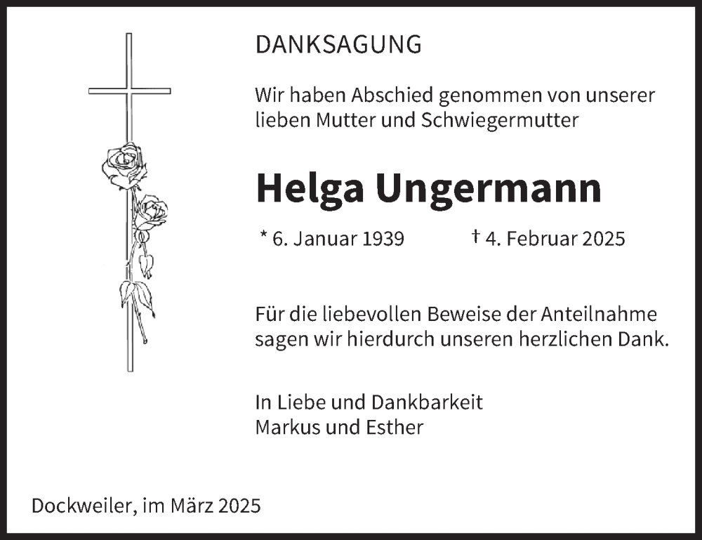  Traueranzeige für Helga Ungermann vom 22.03.2025 aus trierischer_volksfreund