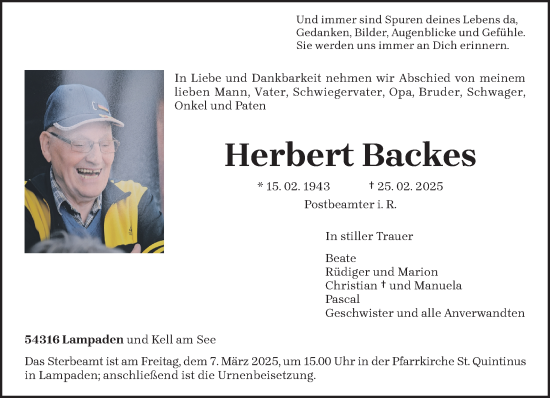 Traueranzeige von Herbert Backes von trierischer_volksfreund