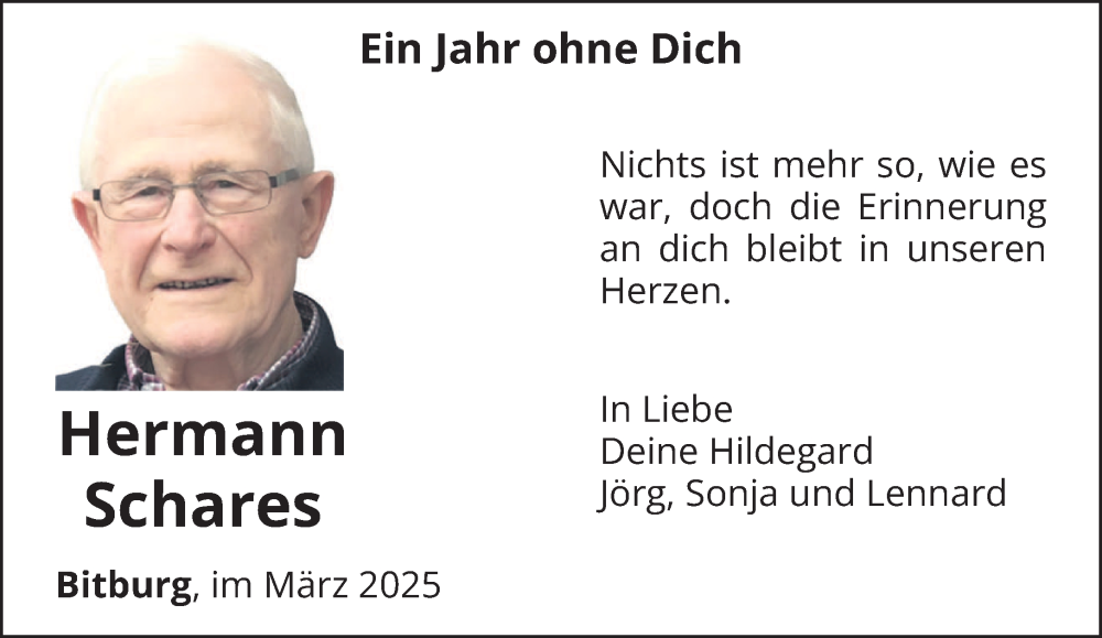  Traueranzeige für Hermann Schares vom 22.03.2025 aus trierischer_volksfreund