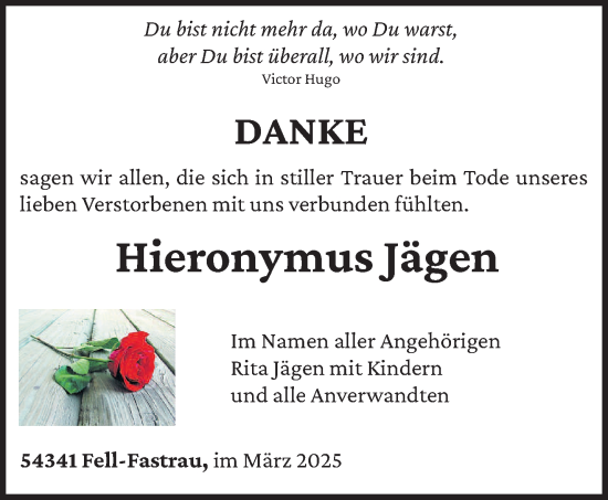 Traueranzeige von Hieronymus Jägen von trierischer_volksfreund