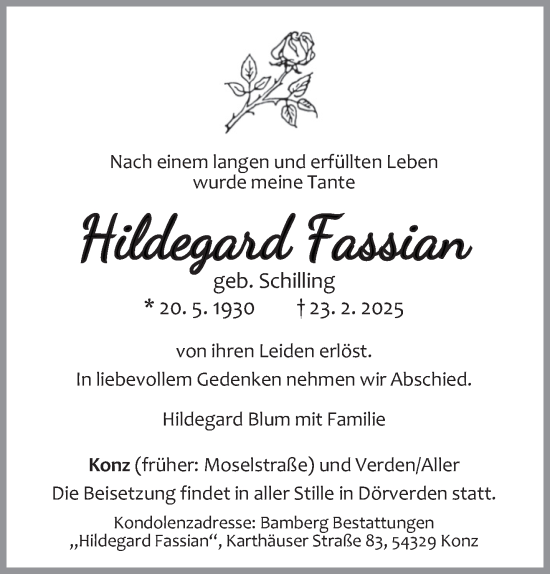 Traueranzeige von Hildegard Fassian von trierischer_volksfreund