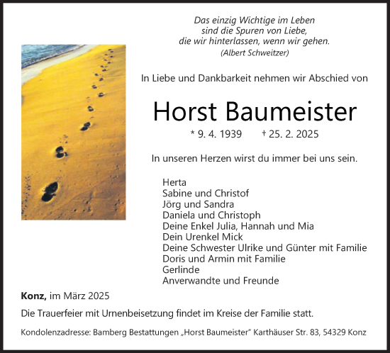 Traueranzeige von Horst Baumeister von trierischer_volksfreund