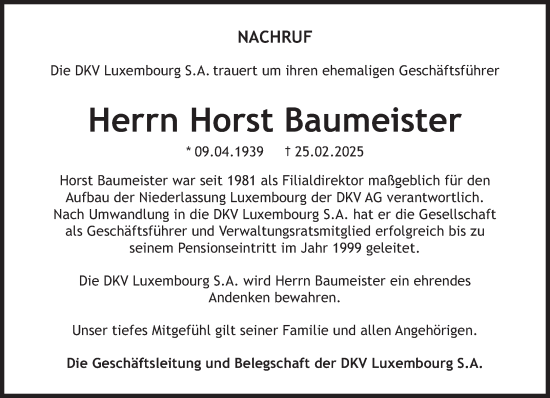 Traueranzeige von Horst Baumeister von trierischer_volksfreund