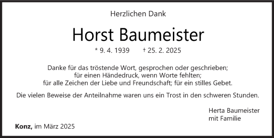 Traueranzeige von Horst Baumeister von trierischer_volksfreund
