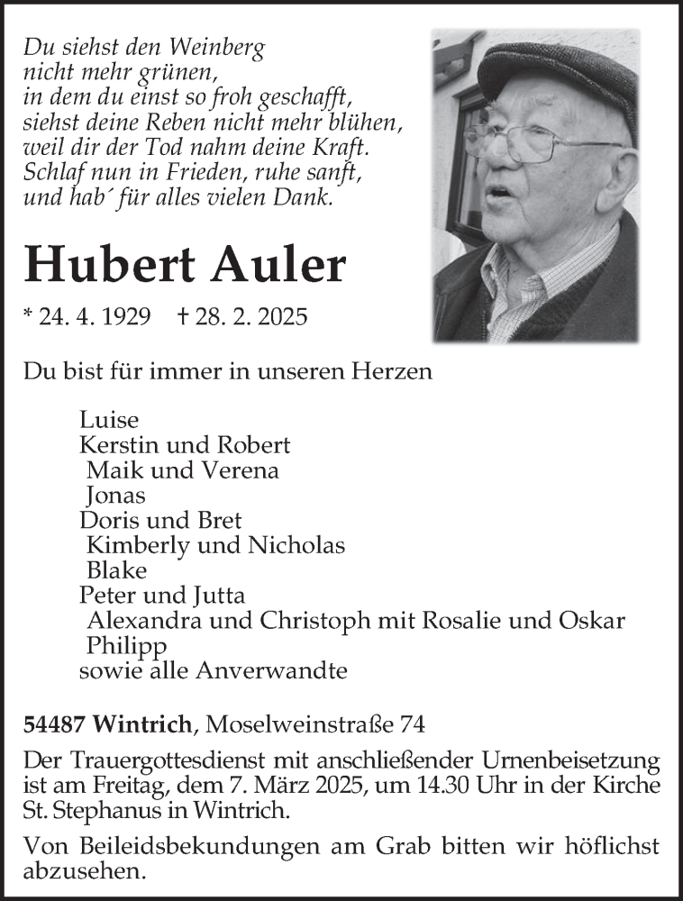  Traueranzeige für Hubert Auler vom 05.03.2025 aus trierischer_volksfreund