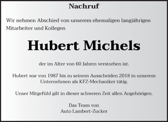 Traueranzeige von Hubert Michels von trierischer_volksfreund