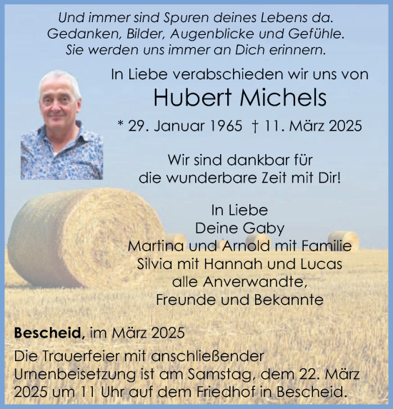 Traueranzeige von Hubert Michels von trierischer_volksfreund