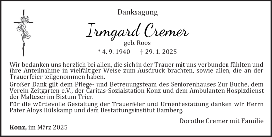 Traueranzeige von Irmgard Cremer von trierischer_volksfreund