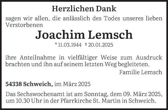 Traueranzeige von Joachim Lemsch von trierischer_volksfreund