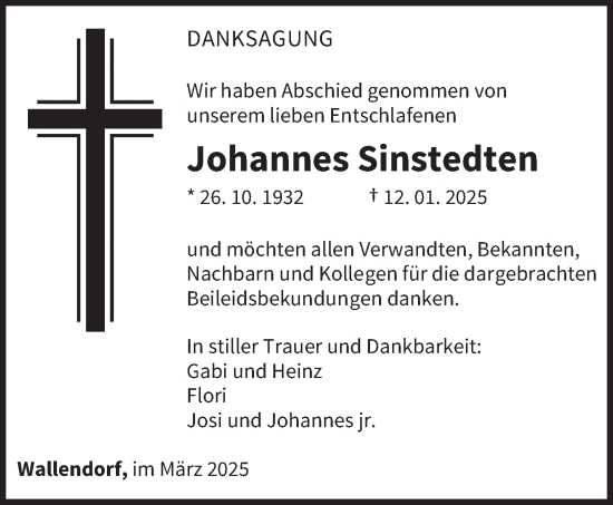 Traueranzeige von Johannes Sinstedten von trierischer_volksfreund