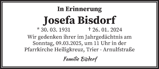 Traueranzeige von Josefa Bisdorf von trierischer_volksfreund