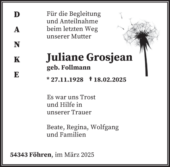 Traueranzeige von Juliane Grosjean von trierischer_volksfreund