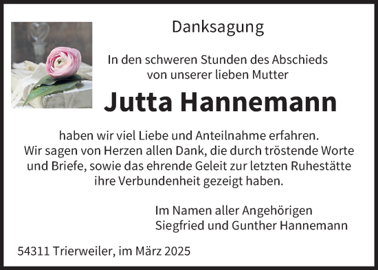 Traueranzeige von Jutta Hannemann von trierischer_volksfreund