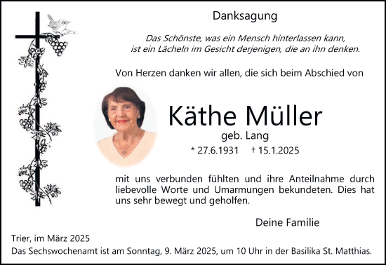 Traueranzeige von Käthe Müller von trierischer_volksfreund