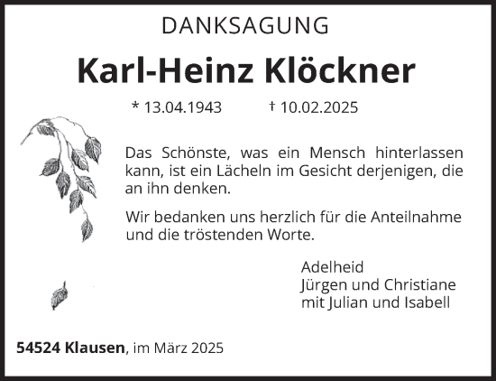Traueranzeige von Karl-Heinz Klöckner von trierischer_volksfreund