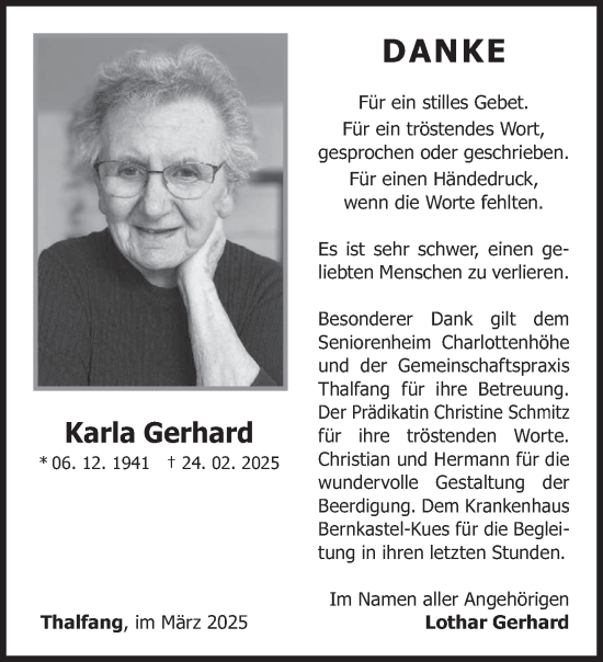 Traueranzeige von Karla Gerhard von trierischer_volksfreund