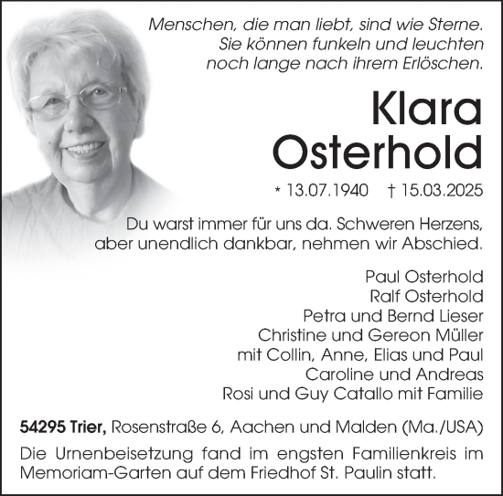 Traueranzeige von Klara Osterhold von trierischer_volksfreund