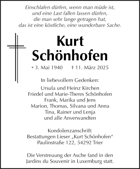 Traueranzeige von Kurt Schönhofen von trierischer_volksfreund