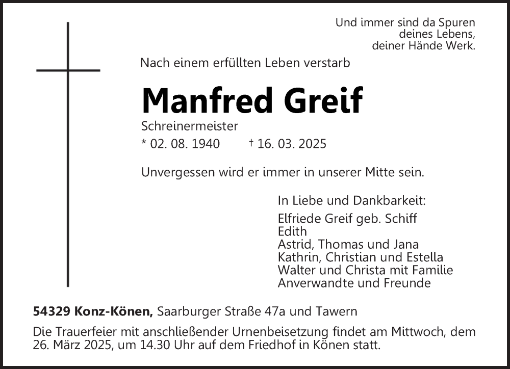  Traueranzeige für Manfred Greif vom 22.03.2025 aus trierischer_volksfreund