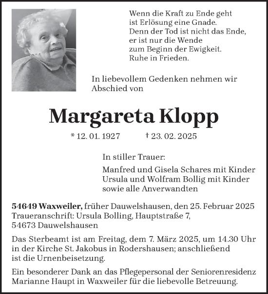 Traueranzeige von Margareta Klopp von trierischer_volksfreund