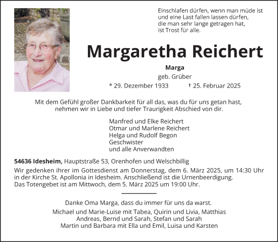 Traueranzeige von Margaretha Reichert von trierischer_volksfreund