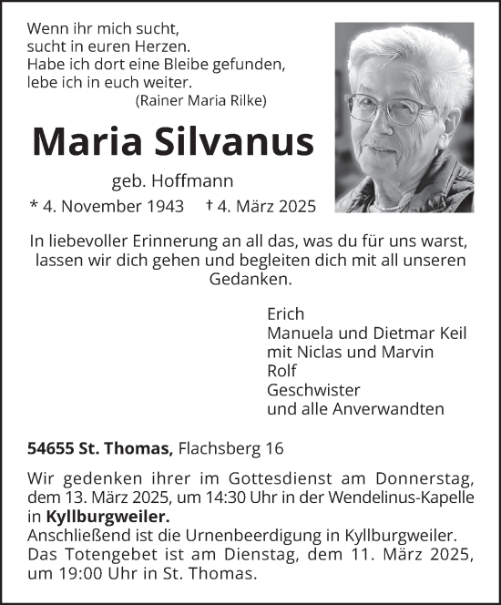 Traueranzeige von Maria Silvanus von trierischer_volksfreund