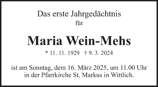 Traueranzeige von Maria Wein-Mehs von trierischer_volksfreund