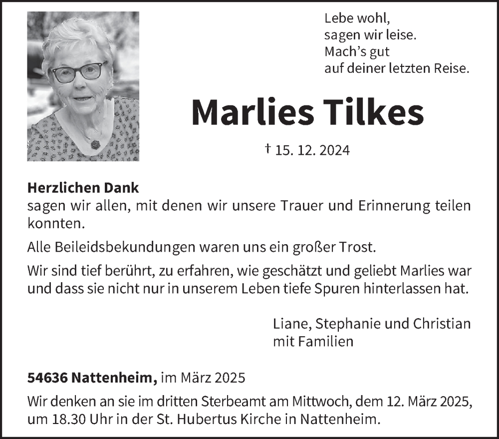  Traueranzeige für Marlies Tilkes vom 01.03.2025 aus trierischer_volksfreund