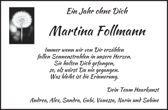 Traueranzeige von Martina Follmann von trierischer_volksfreund