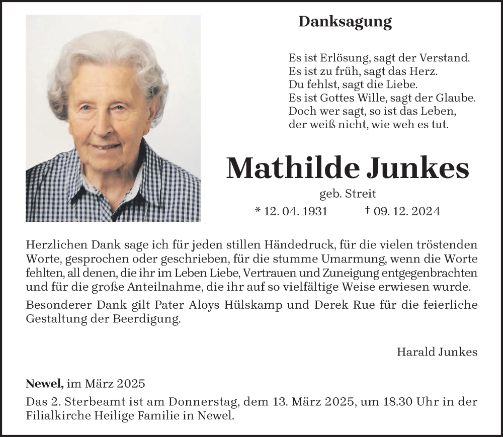  Traueranzeige für Mathilde Junkes vom 01.03.2025 aus trierischer_volksfreund