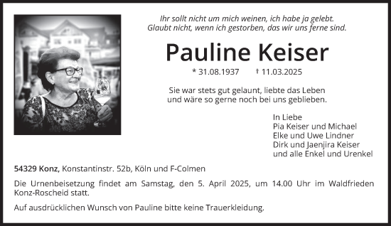 Traueranzeige von Pauline Keiser von trierischer_volksfreund