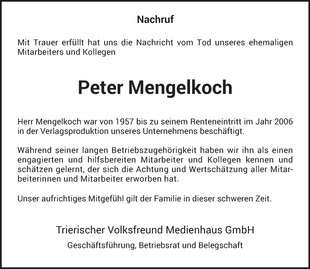  Traueranzeige für Peter Mengelkoch vom 01.03.2025 aus trierischer_volksfreund