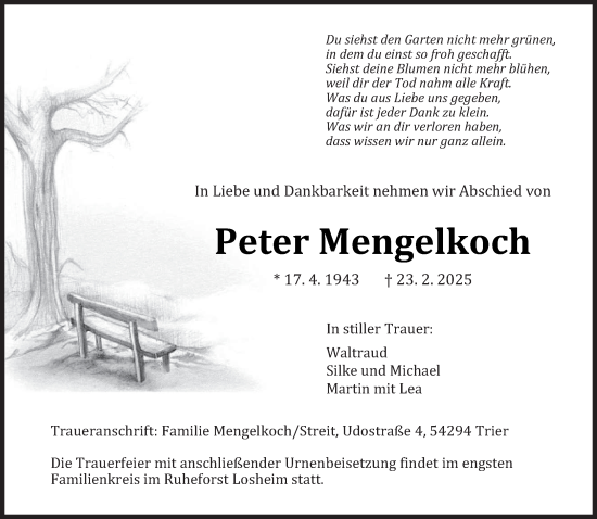 Traueranzeige von Peter Mengelkoch von trierischer_volksfreund