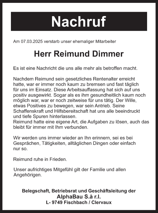 Traueranzeige von Reimund Dimmer von trierischer_volksfreund
