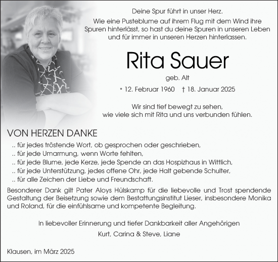 Traueranzeige von Rita Sauer von trierischer_volksfreund