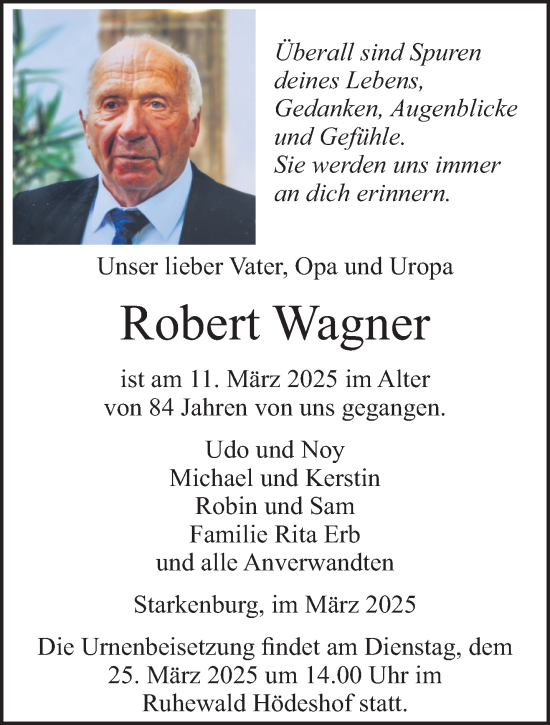 Traueranzeige von Robert Wagner von trierischer_volksfreund