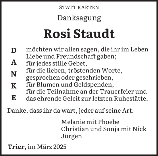Traueranzeige von Rosi Staudt von trierischer_volksfreund
