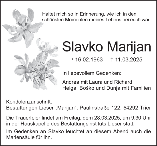 Traueranzeige von Slavko Marijan von trierischer_volksfreund