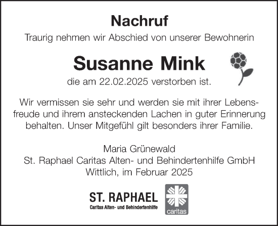Traueranzeige von Susanne Mink von trierischer_volksfreund