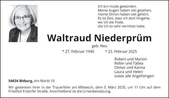 Traueranzeige von Waltraud Niederprüm von trierischer_volksfreund