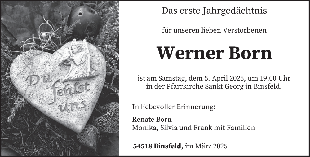  Traueranzeige für Werner Born vom 29.03.2025 aus trierischer_volksfreund