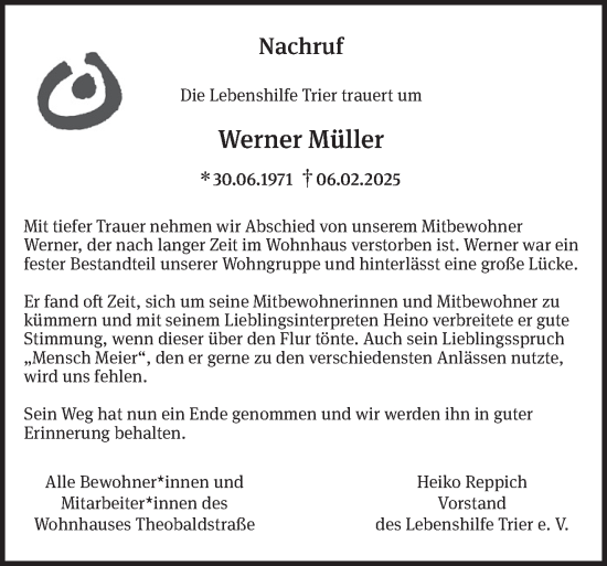 Traueranzeige von Werner Müller von trierischer_volksfreund