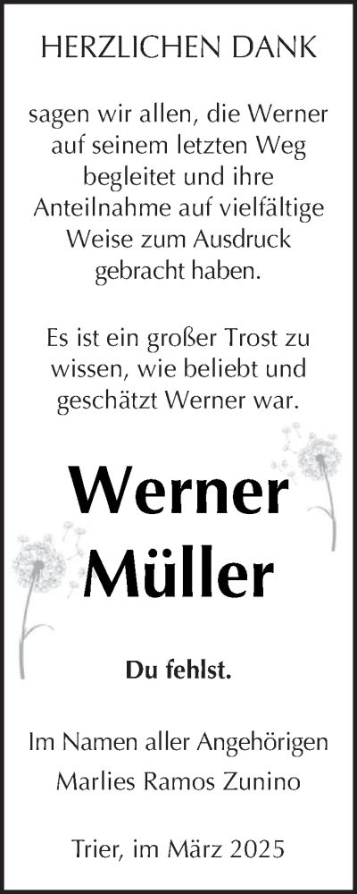 Traueranzeige von Werner Müller von trierischer_volksfreund