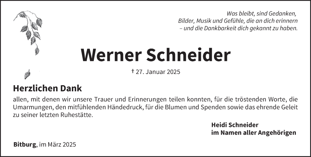  Traueranzeige für Werner Schneider vom 26.03.2025 aus trierischer_volksfreund