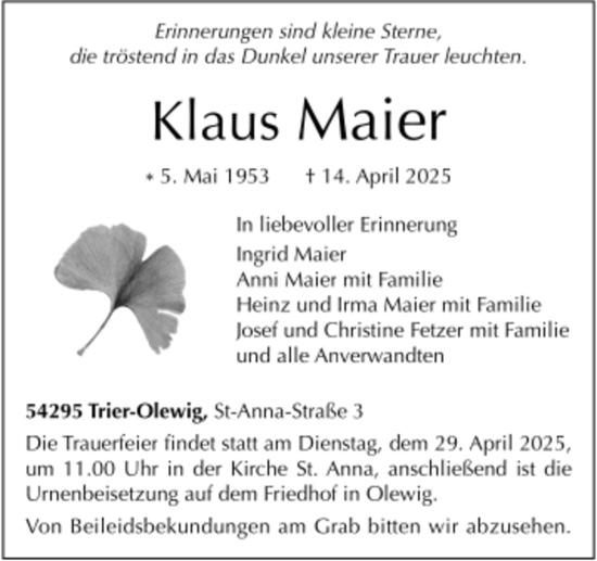 Traueranzeige von Klaus Maier von trierischer_volksfreund