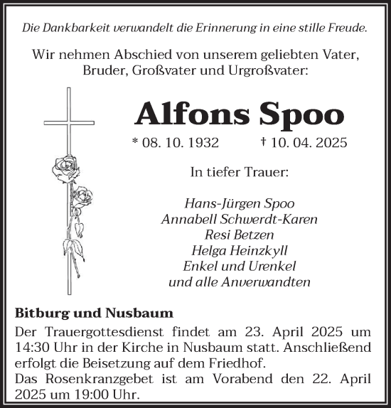 Traueranzeige von Alfons Spoo von trierischer_volksfreund