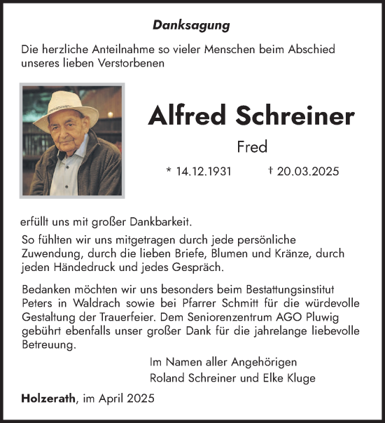 Traueranzeige von Alfred Schreiner von trierischer_volksfreund