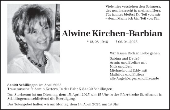 Traueranzeige von Alwine Kirchen-Barbian von trierischer_volksfreund