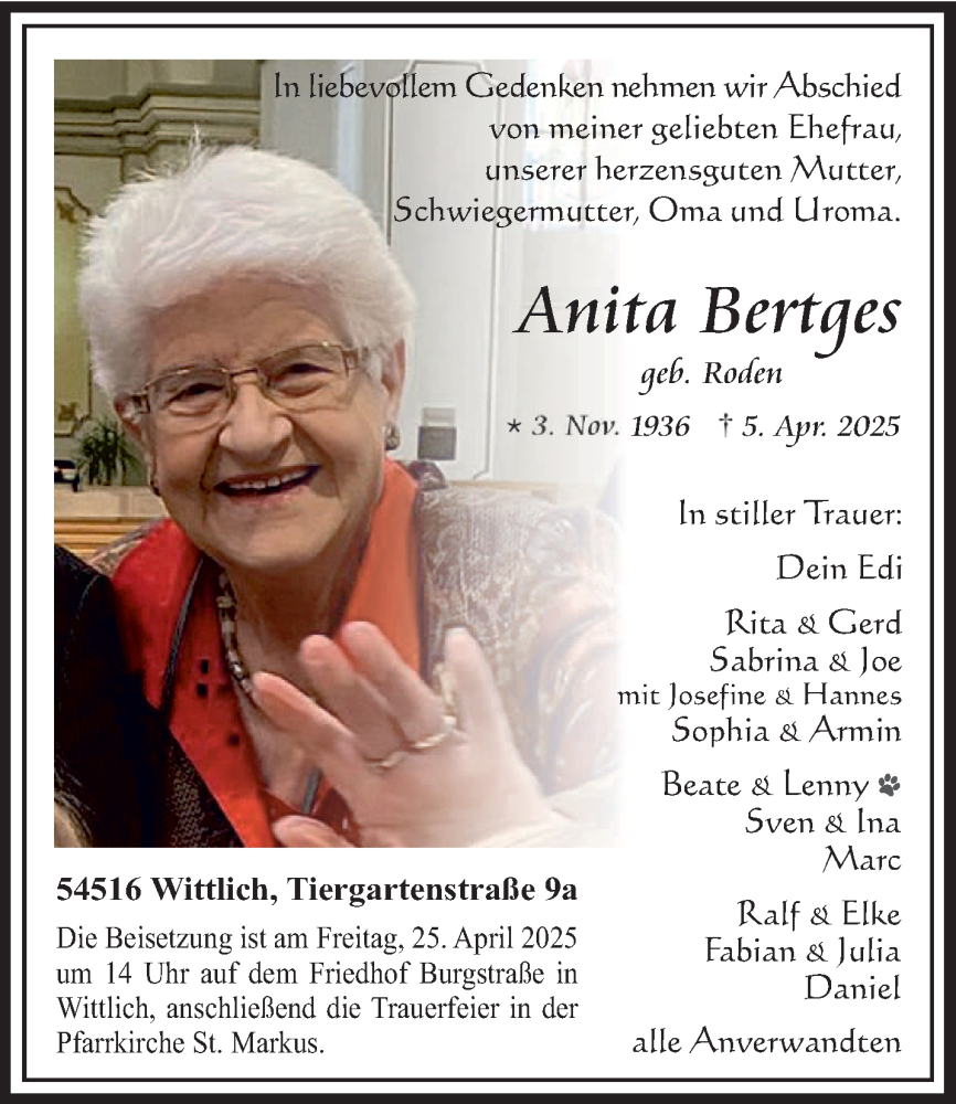  Traueranzeige für Anita Bertges vom 19.04.2025 aus trierischer_volksfreund